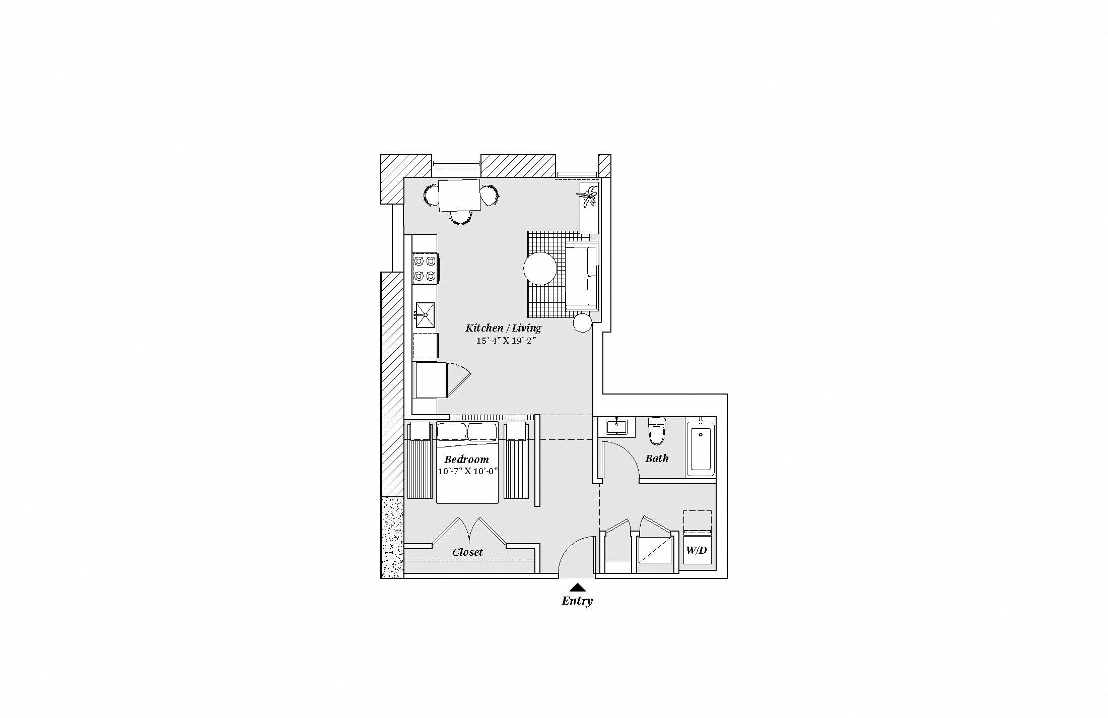 Floor plan for 1 bed, 1 bath, 717 sqft